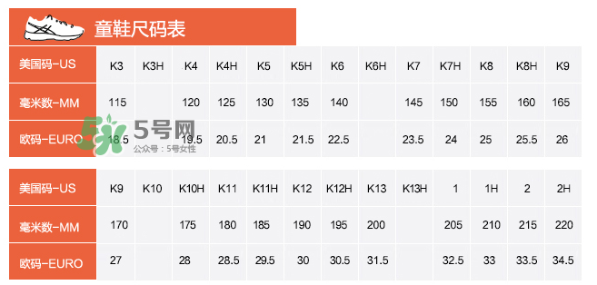 Asics童鞋尺碼對照表 Asics童鞋尺碼怎么選？